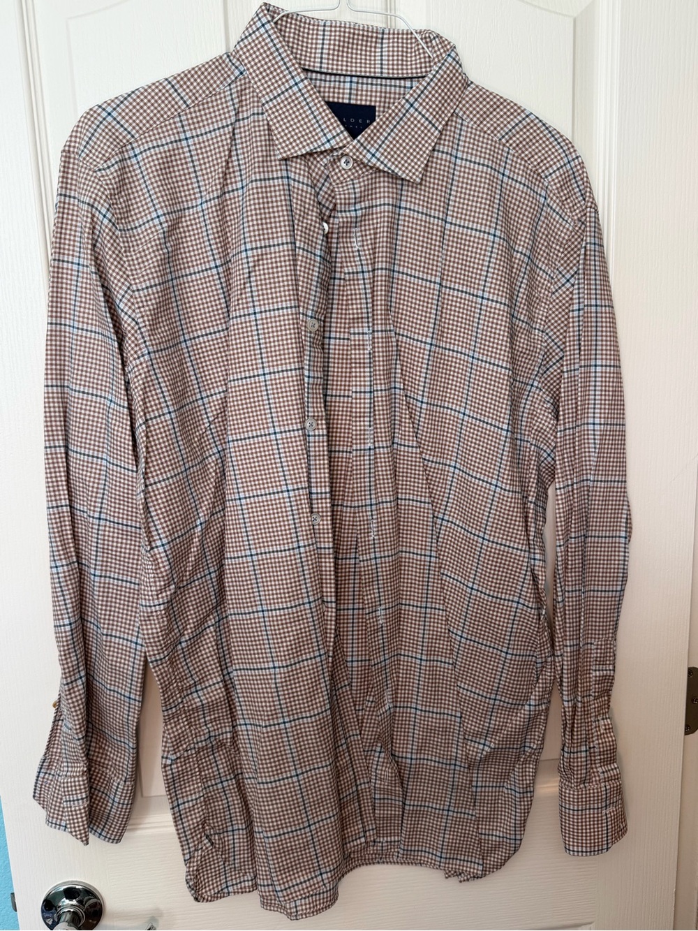 Men's Checked Dress Shirt in Tan and Blue - Classic Point Collar